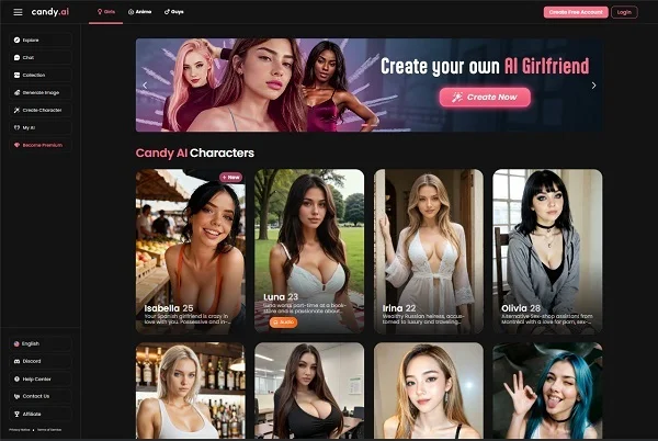 Candy.ai AI Companionship Platform Interface